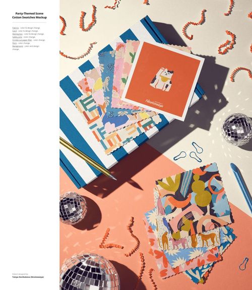 Party-themed cotton fabric mockup scene with stacked patterned fabric samples, confetti, disco balls, and a greeting card.