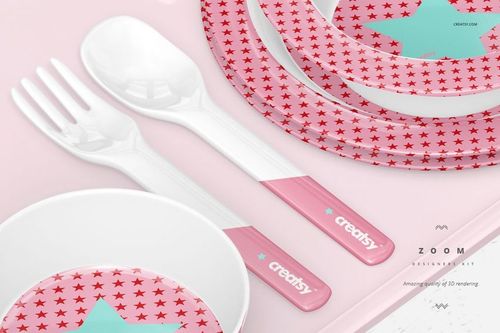 Mockup of children's melamine dinnerware featuring pink and red star designs, plates, bowls, fork, and spoon on pastel surface.