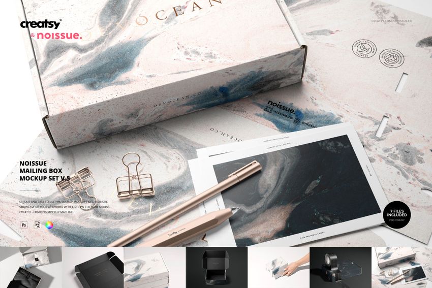 Mailing box mockup with swirling marble design in pastel shades, displayed among stationery and printed sheets.