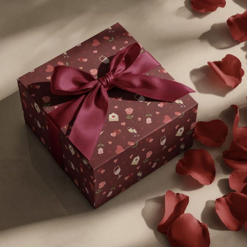 Square gift box mockup with a deep red ribbon, decorated with a rose and heart pattern, surrounded by scattered rose petals.