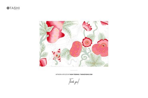 Top view of cotton fabric mockup with bold red and pink flowers and green leaves on a white background.