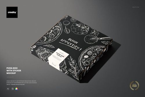 Pizza box mockup featuring a dark background with white sketch-style food graphics and a rectangular sticker on the front.