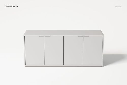 Minimalist sideboard with clean lines and smooth light gray surface, shown from the front against a white background.