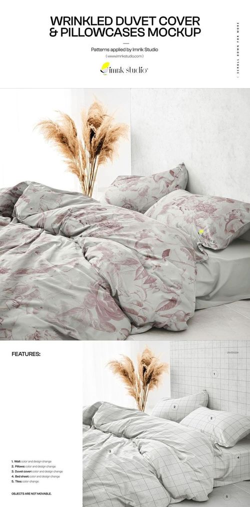 PSD mockup showing a bed with light gray and pink floral bedding, pampas grass in a vase, and a minimalist room setting.