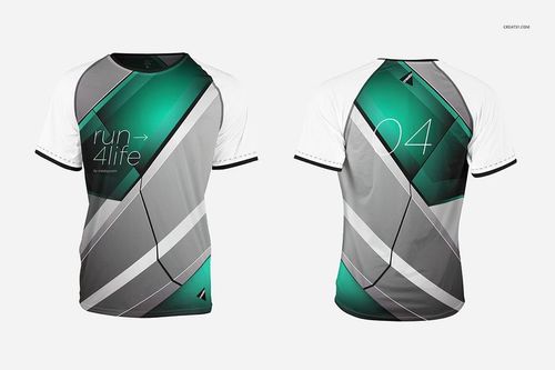 Running jersey mockup showing both front and back sides, featuring angular green and gray designs with white sleeves.