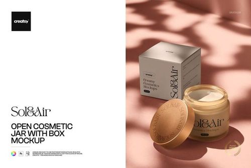 PSD mockup featuring an open cosmetic jar with gold lid and cream, displayed alongside a branded box in natural light.
