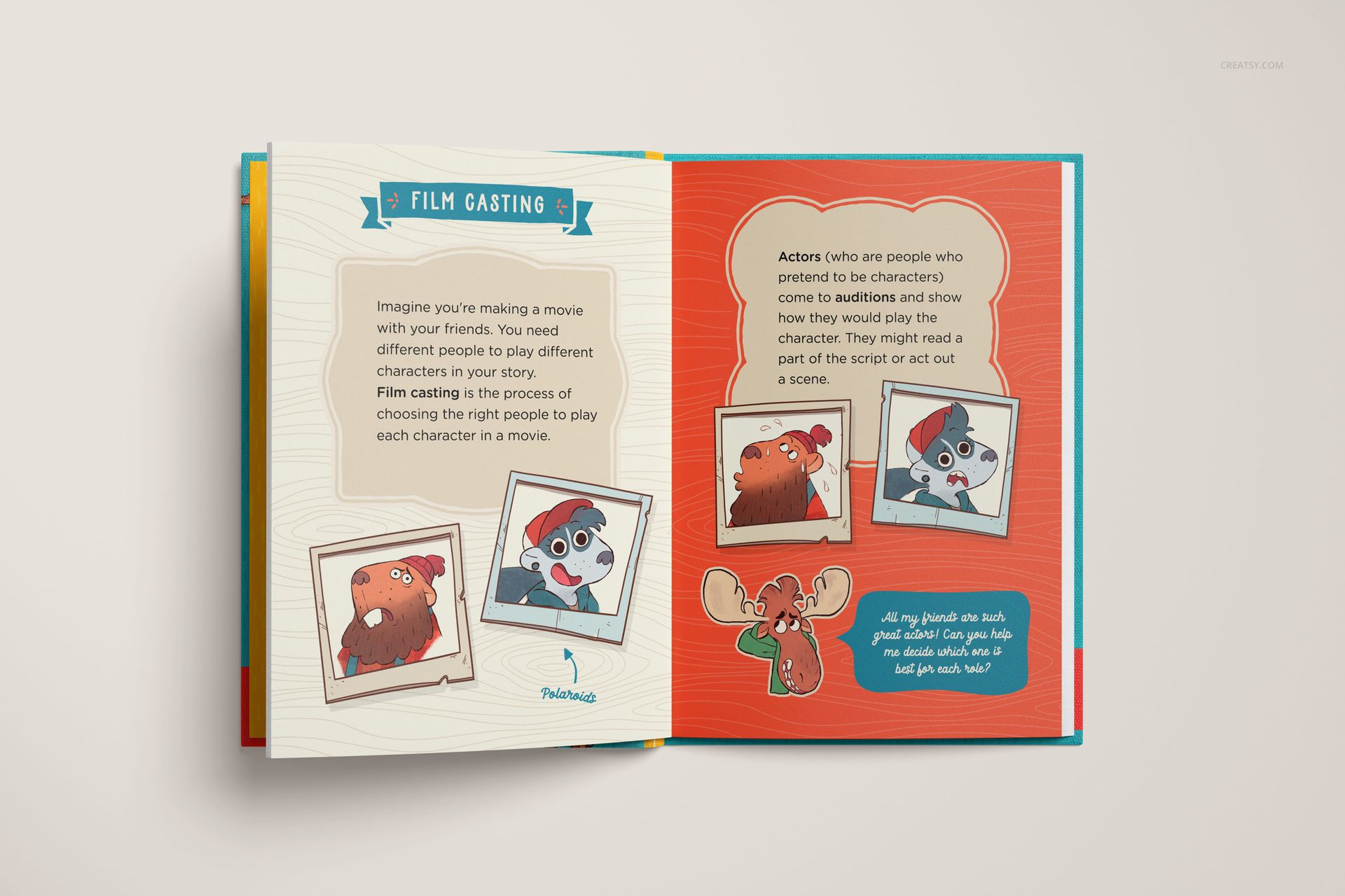 Hardcover book mockup displayed open, featuring cartoon animals and text on red and cream pages, seen from above.