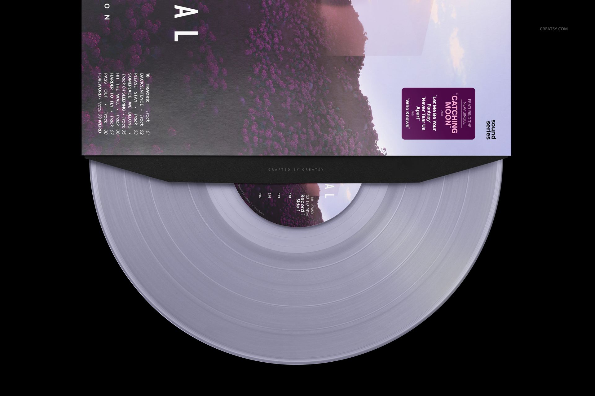 Front view of a clear light purple vinyl record mockup with a nature-themed sleeve and visible label details.