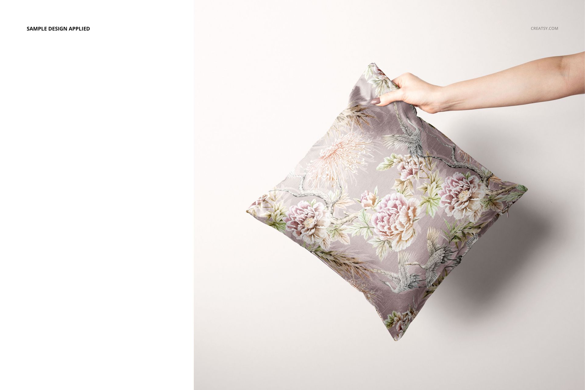 Front view of a decorative cushion cover featuring a muted floral design, displayed in a PSD mockup setting.