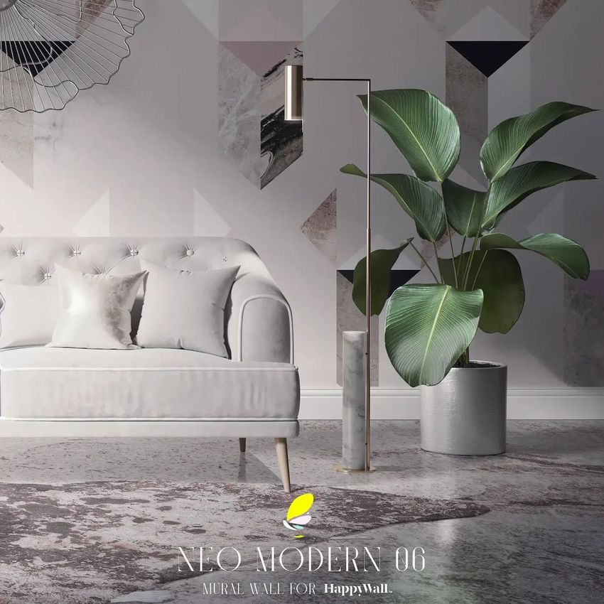 Retro living room mockup featuring a light gray sofa, geometric mural wall, large potted plant, and custom rug in muted tones.