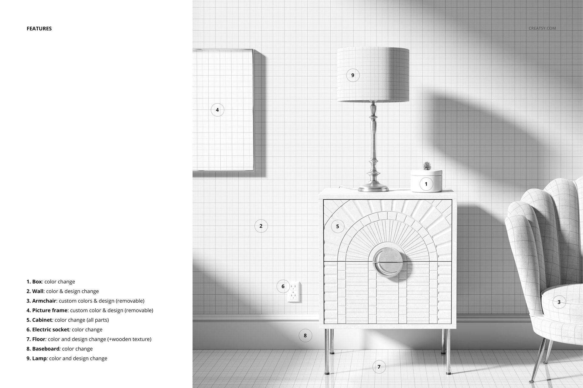 Front view of a drum lamp shade on a table next to an armchair, all in a grayscale grid pattern mockup scene.