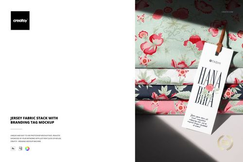 Side view of layered jersey fabric pieces in green and pink floral designs, featuring a hanging branding tag mockup.