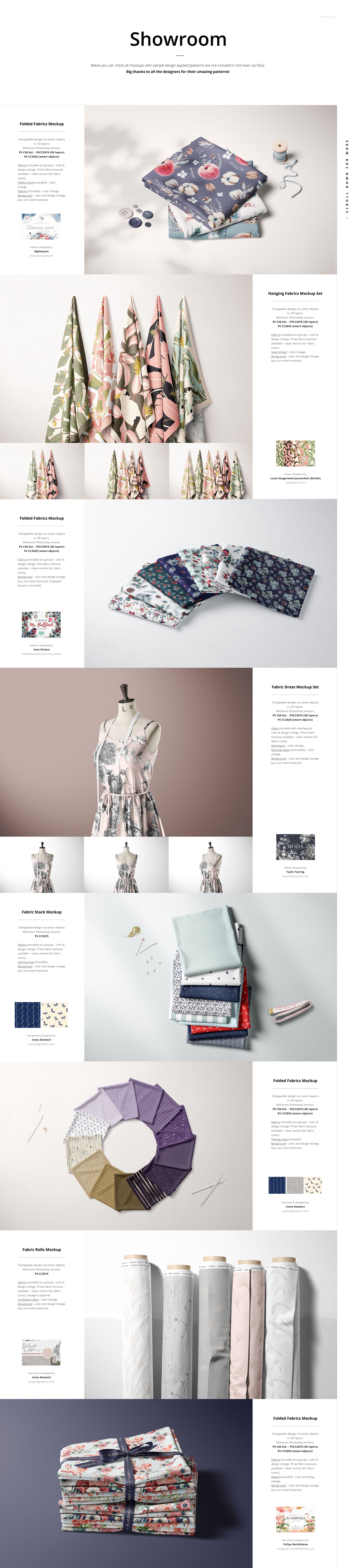 Various fabric mockups including folded, stacked, draped, and rolled textiles in assorted colors and patterns.