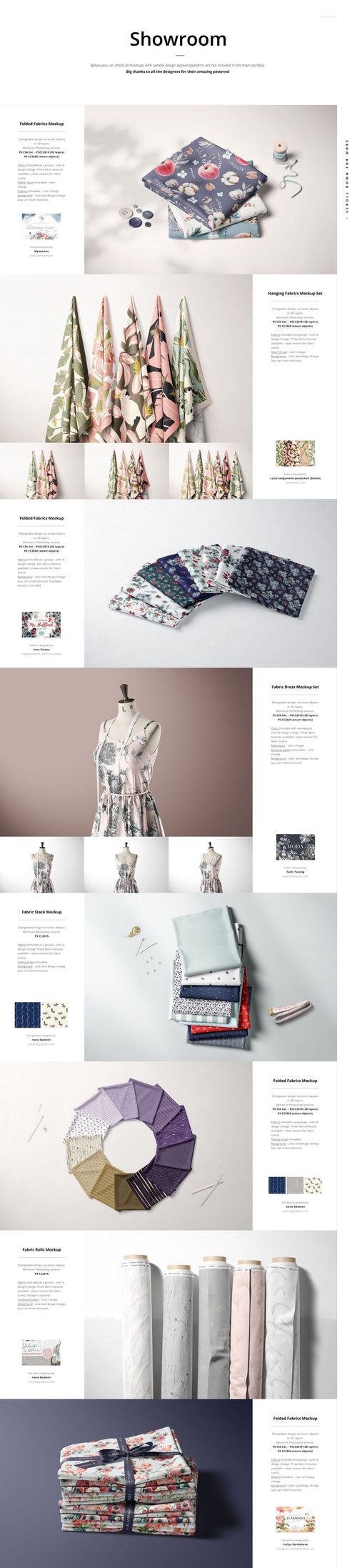 Various fabric mockups including folded, stacked, draped, and rolled textiles in assorted colors and patterns.