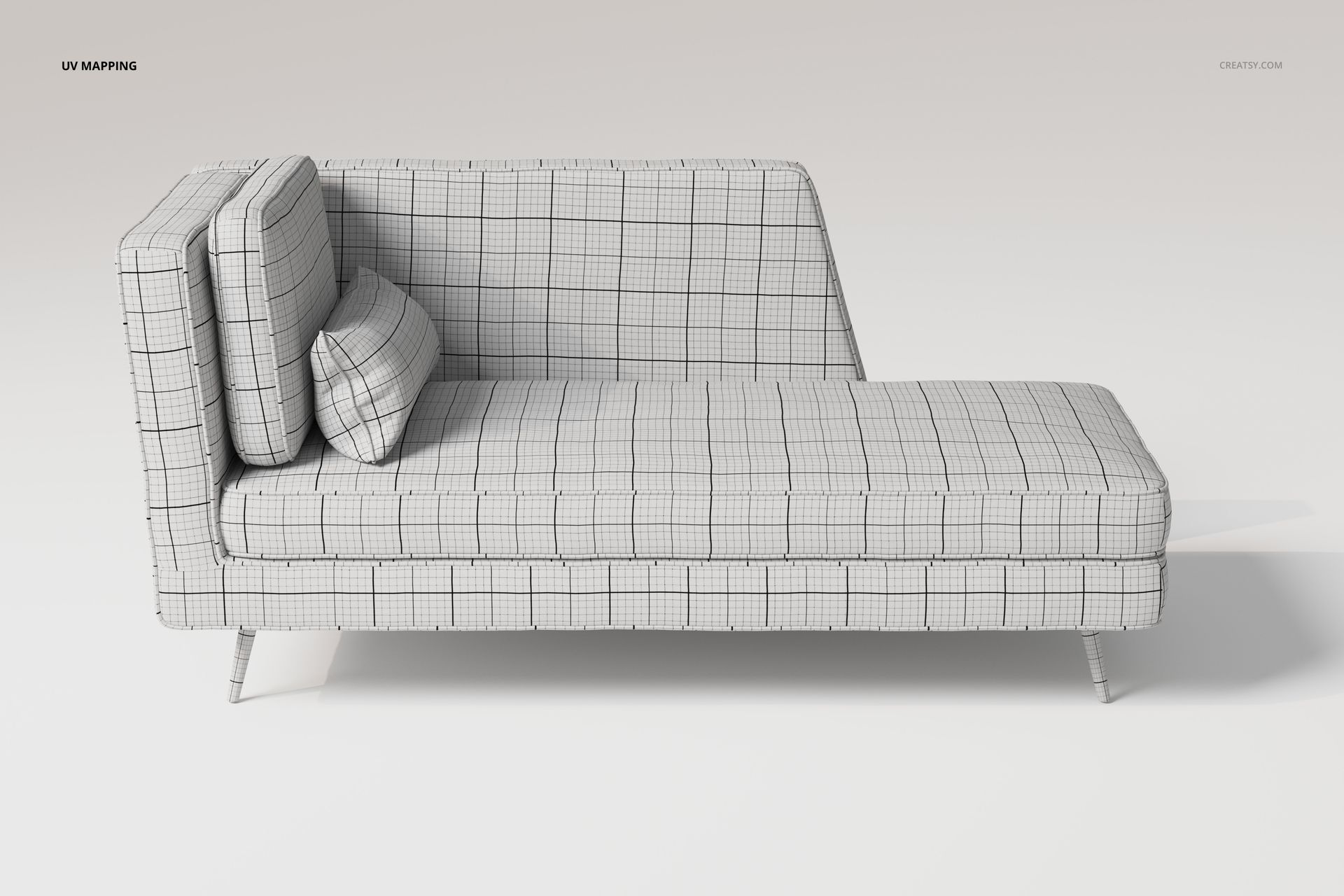 Chaise lounge sofa with rectangular cushions, shown in front view, featuring a light grid pattern on white fabric.