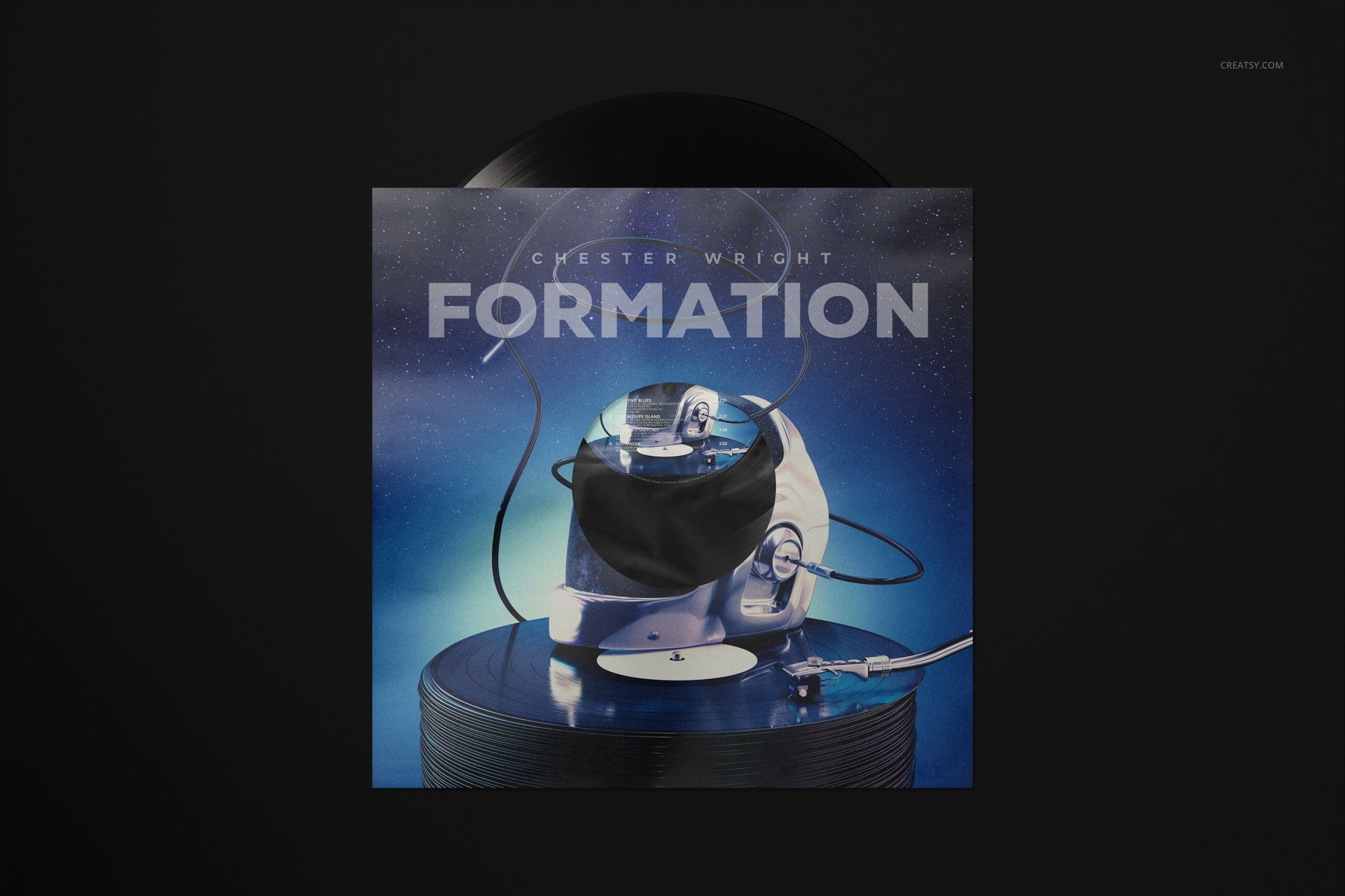 Front view of a vinyl record sleeve mockup featuring a blue-toned cover design with a helmet and record player.