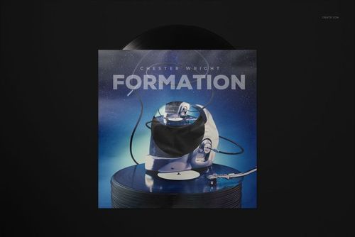 Front view of a vinyl record sleeve mockup featuring a blue-toned cover design with a helmet and record player.