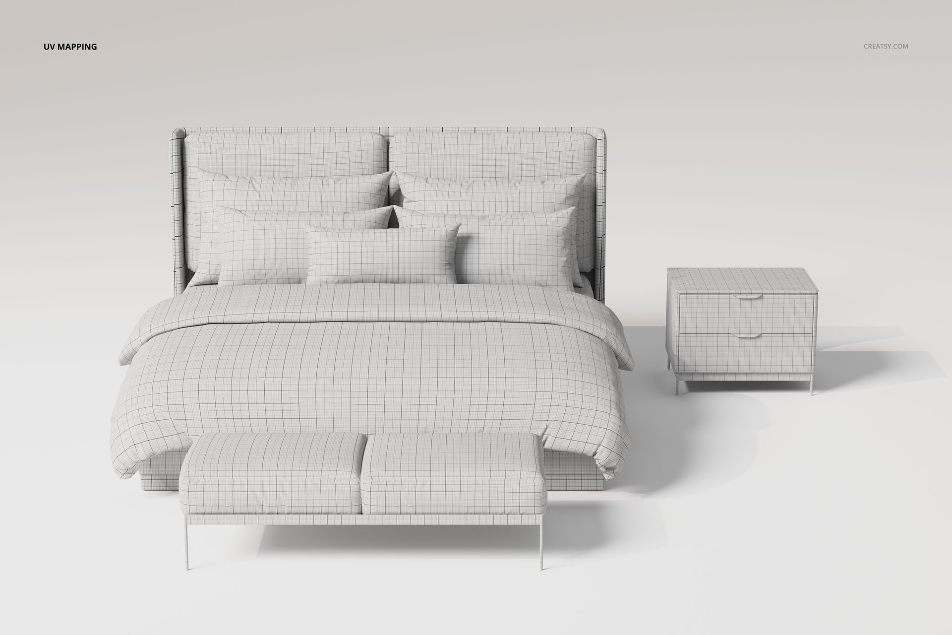Modern bedroom furniture 3D model with a grid texture, featuring a bed, pillows, bench, and nightstand, front view.