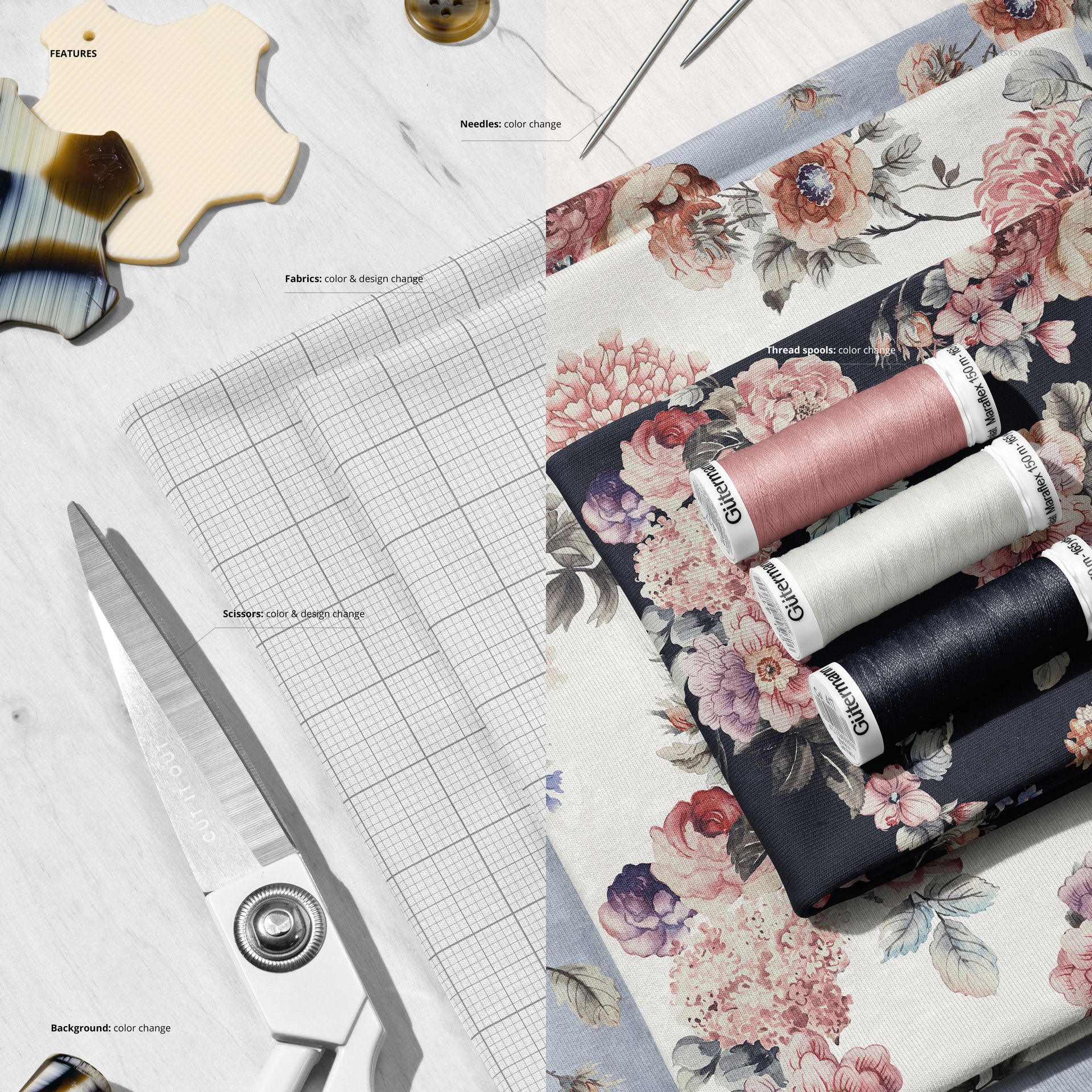 PSD mockup showing various jersey fabrics, sewing tools like scissors and needles, and thread spools arranged on a table.