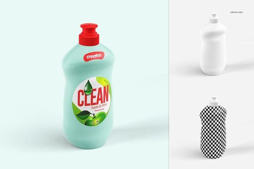 PSD mockup set showing a liquid detergent bottle in three styles: labeled, blank white, and with a checkered pattern.