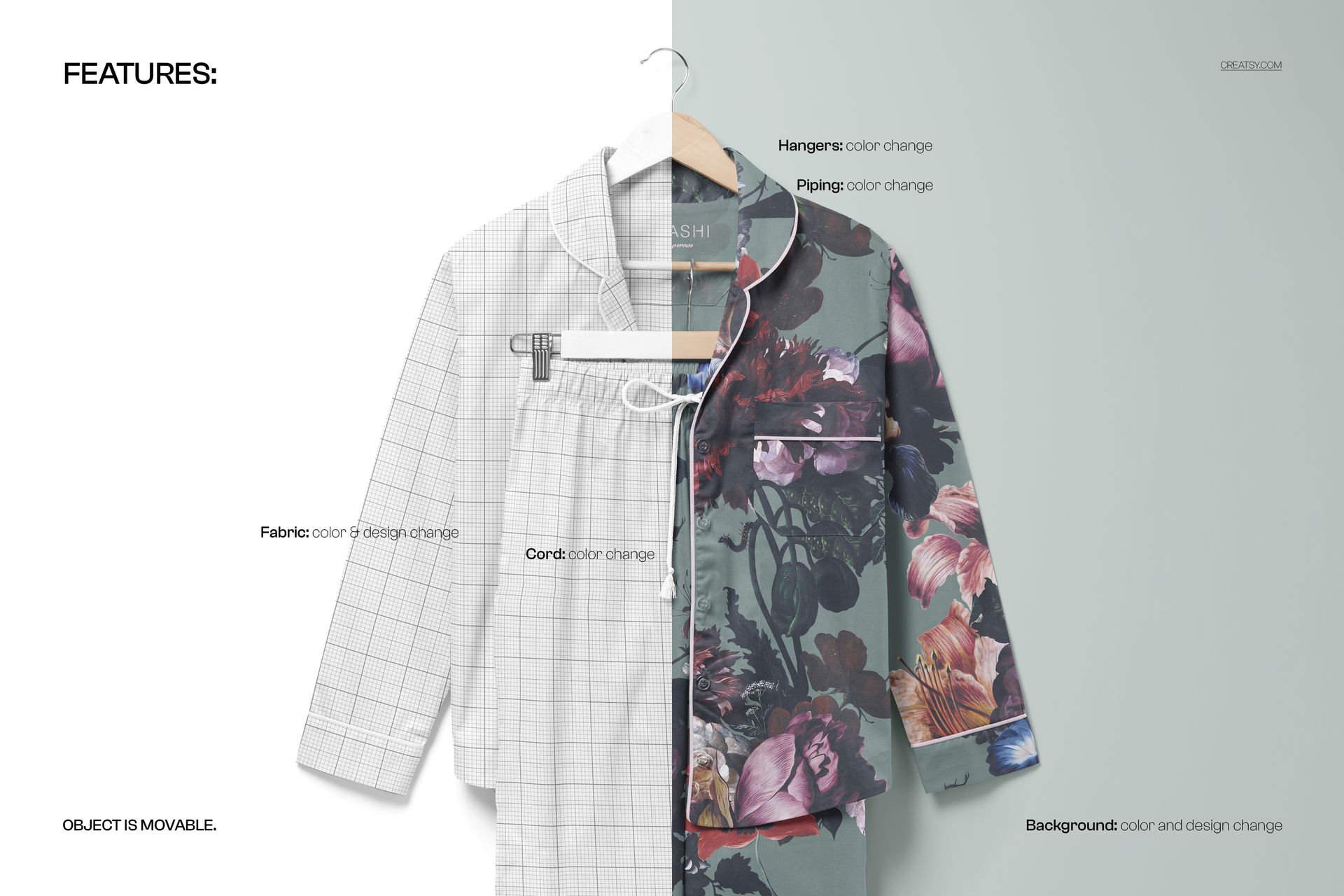 Front view of a long-sleeve pajama set with pants mockup, half in grid pattern and half in floral design on hangers.