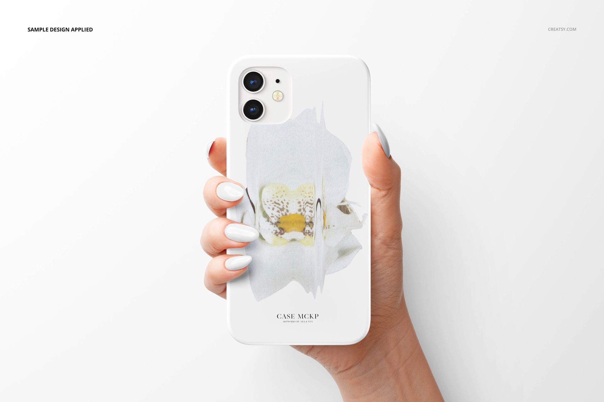 iPhone 12 matte snap case mockup shown in hand, decorated with a gentle abstract artwork on a light background.