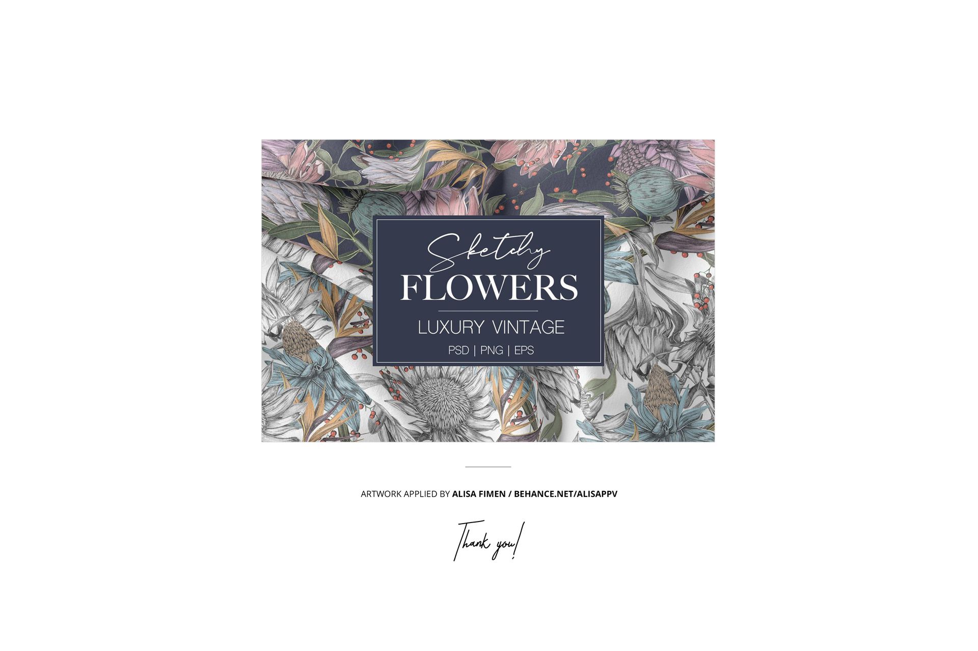 Fabric bolts mockup showing detailed botanical designs in shades of gray, pink, and beige, arranged side by side.