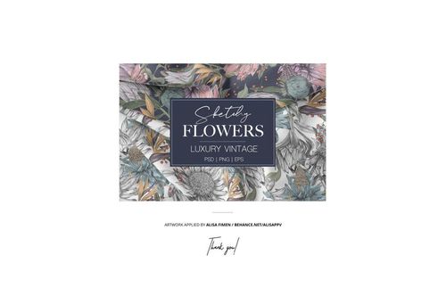 Fabric bolts mockup showing detailed botanical designs in shades of gray, pink, and beige, arranged side by side.