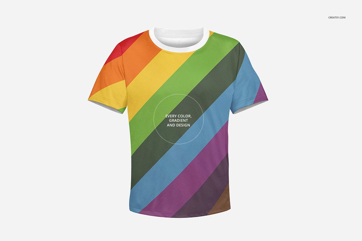 Front view of a kids T-shirt mockup with diagonal rainbow stripes and white collar, displayed on a plain background.