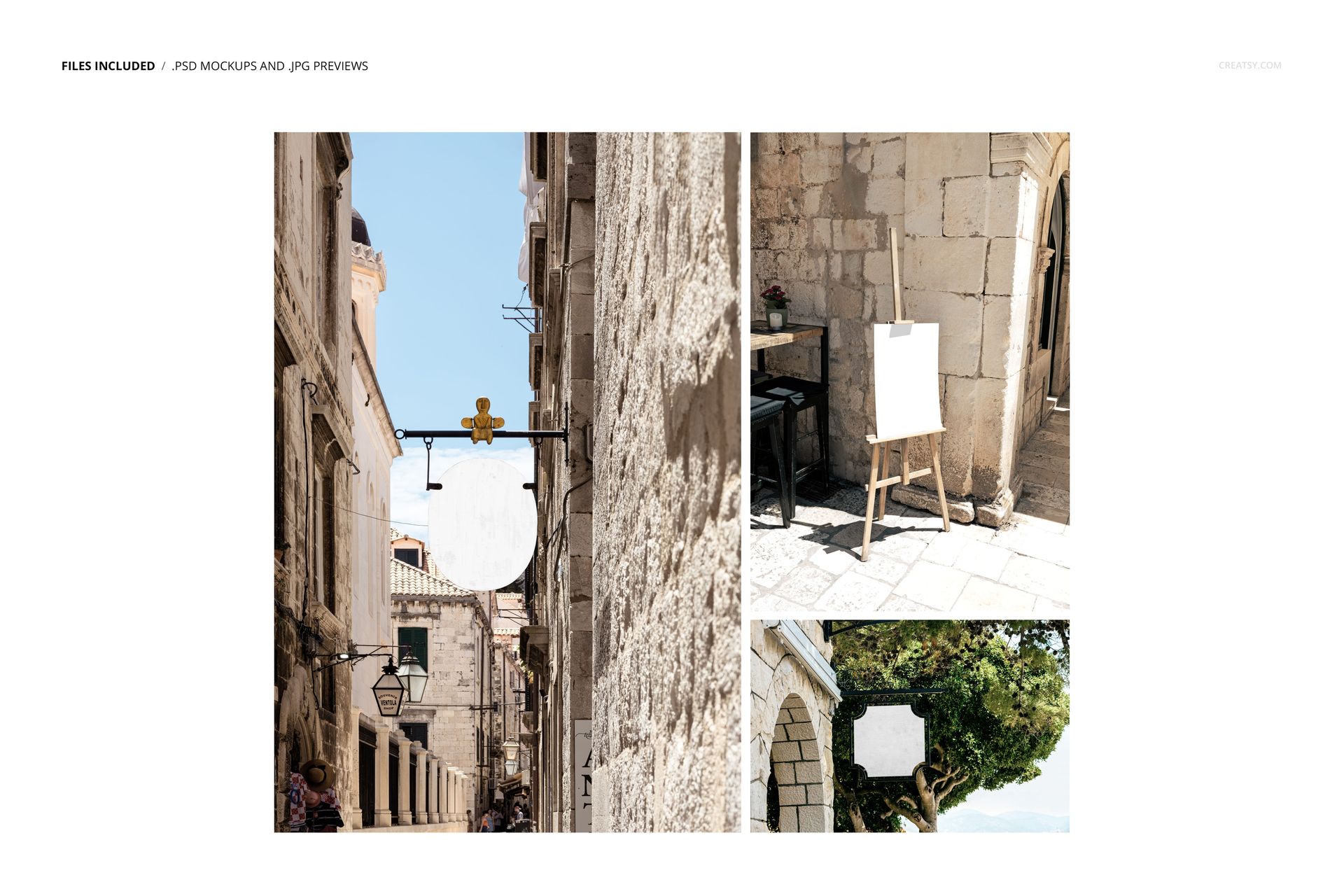 Mediterranean ancient city signs mockup set showing blank hanging signs on stone buildings and outdoor scenes.