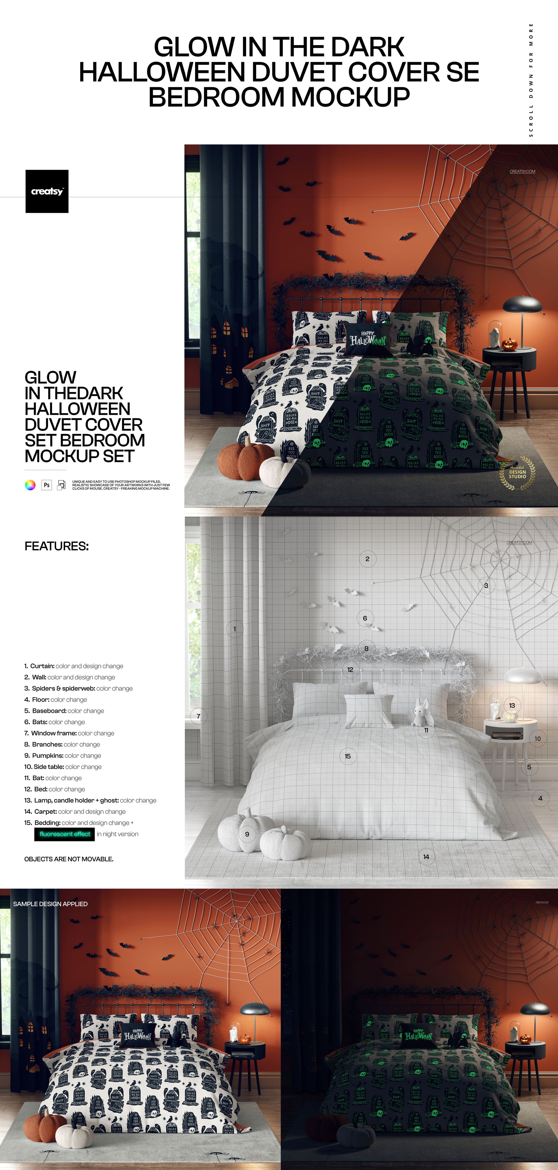 PSD mockup showing a bed with patterned duvet, pumpkins, spider web decorations, and bats on an orange wall.