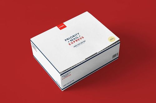 Priority mail themed packaging box mockup with white exterior and barcode, presented on a red surface.