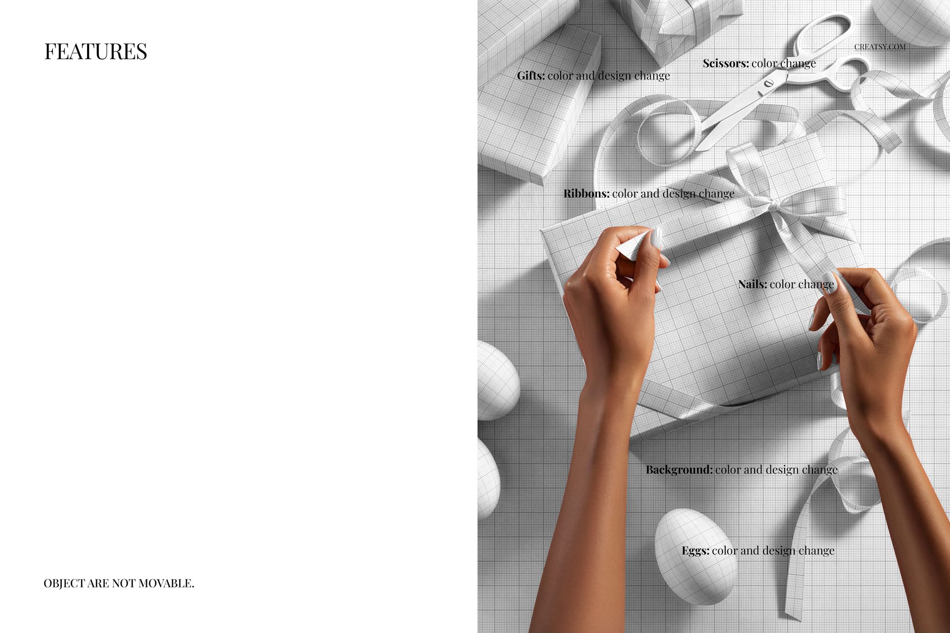 Hands tying a white ribbon on a gift box with grid wrapping paper, surrounded by scissors and Easter eggs, mockup scene.