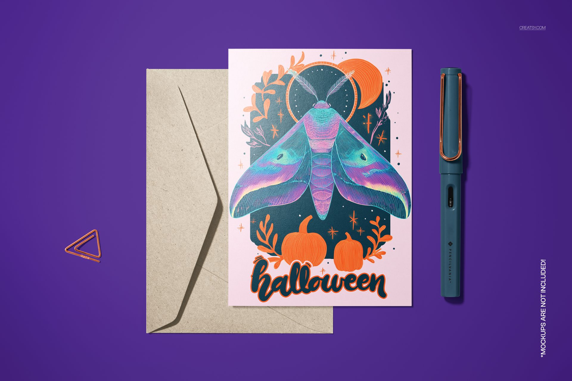 Halloween-themed 5x7 card mockup with vibrant moth illustration, pumpkins, and orange leaves beside a kraft envelope.
