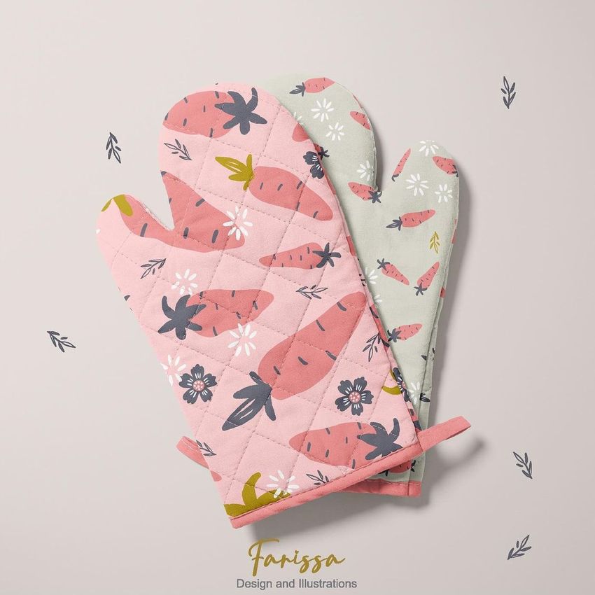 Oven mitt mockup featuring two quilted mitts, one pink and one light gray, both with carrot and floral patterns on a neutral background.