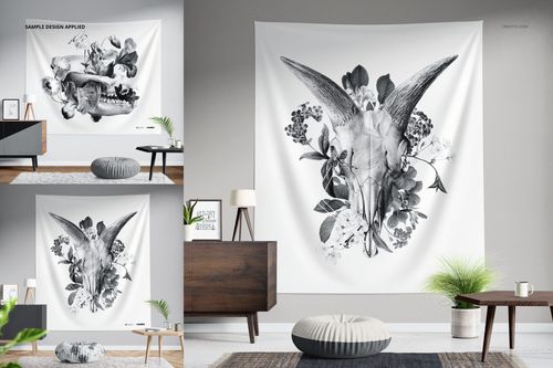 PSD mockup set showing a wall tapestry with botanical and skull illustration, styled in a contemporary interior with neutral decor.