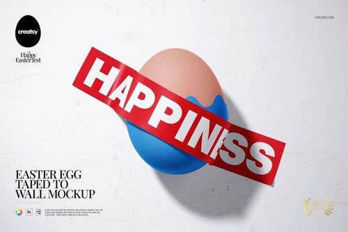 Front view of a pastel-colored Easter egg taped to a white wall with a red strip, featuring a PSD mockup scene.