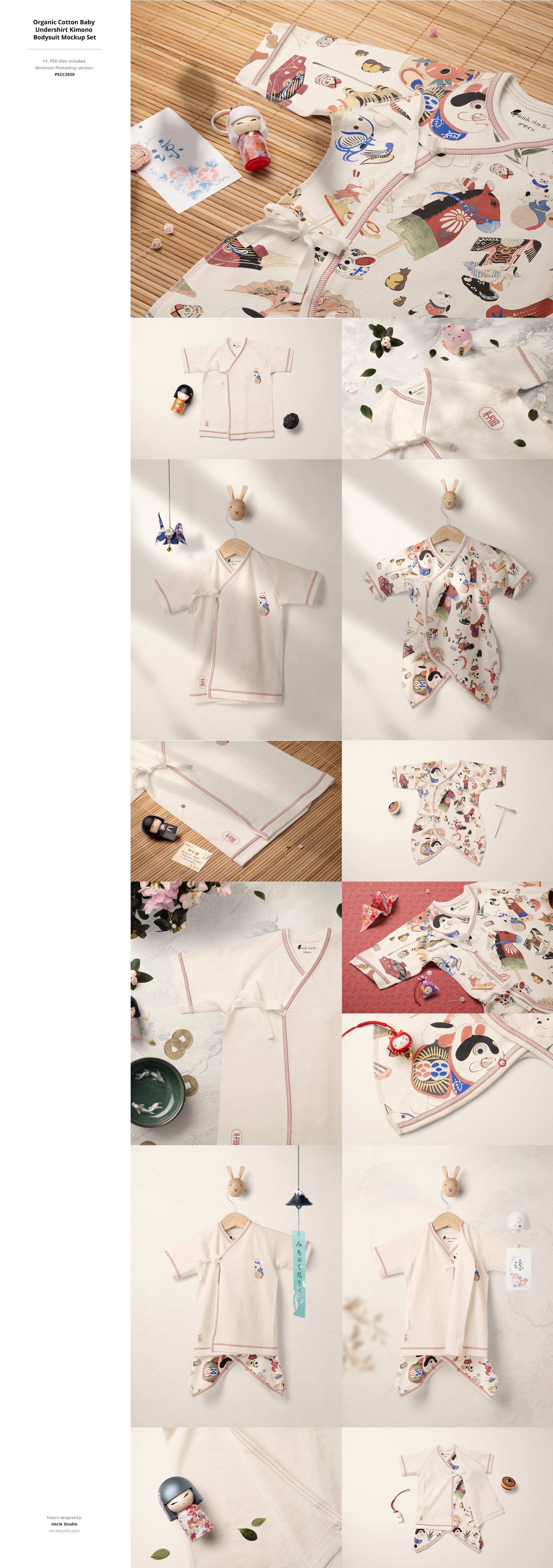 Kids clothing mockup bundle featuring various garments with playful patterns, shown in flat lay and hanging views.