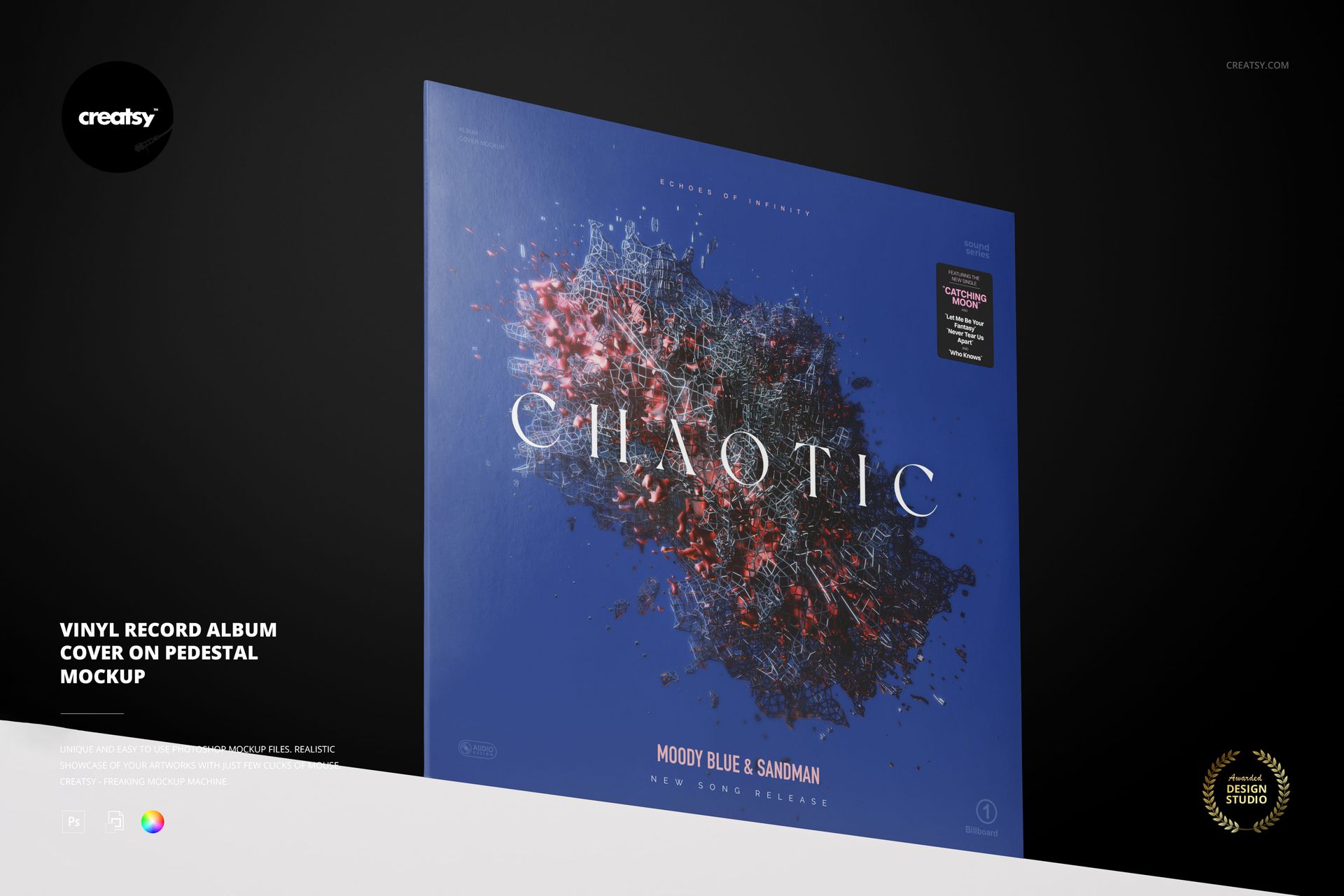 Vinyl record album cover with abstract artwork and blue background displayed upright on a pedestal in a mockup scene.