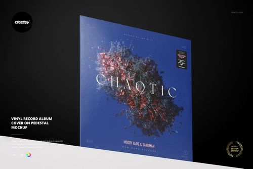 Vinyl record album cover with abstract artwork and blue background displayed upright on a pedestal in a mockup scene.