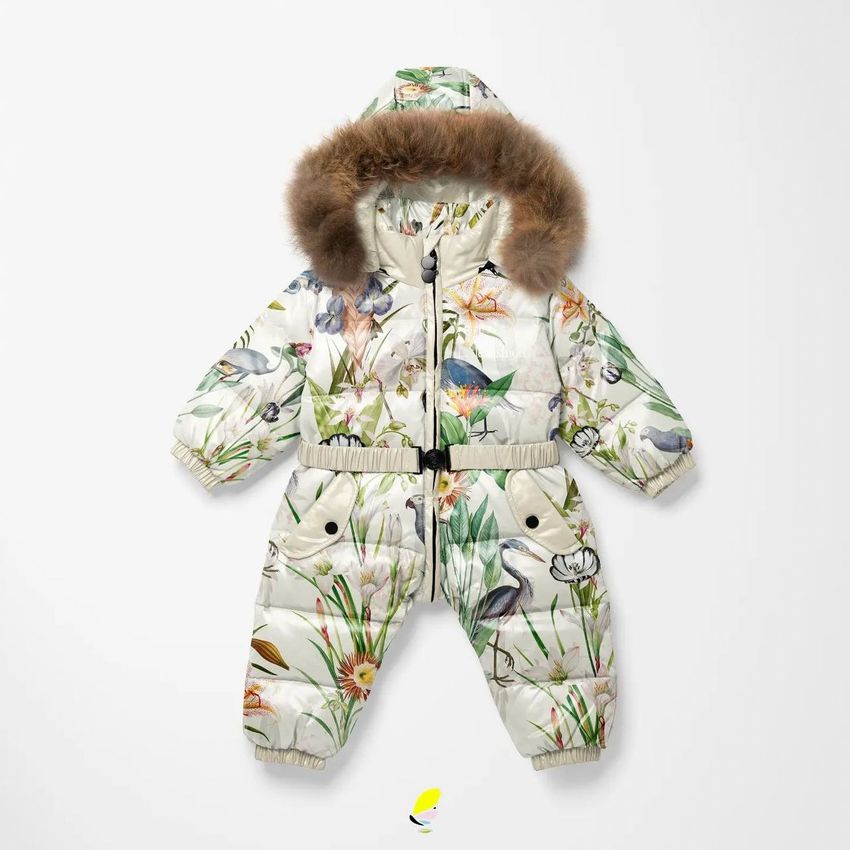 Baby snow suit mockup featuring a hood with brown fur trim and a nature-inspired print on a white background.