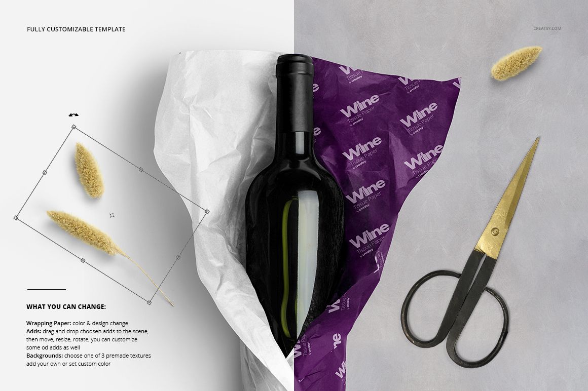 PSD mockup featuring wine bottle wrapped in tissue paper, scissors, and pampas grass arranged on a light background.