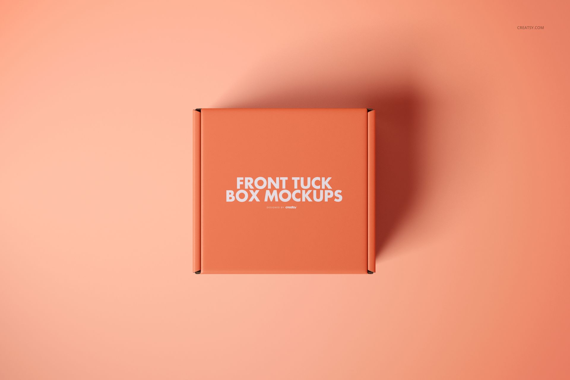 Front view of a square mailer box mockup in solid peach color on a matching peach background, lid closed.
