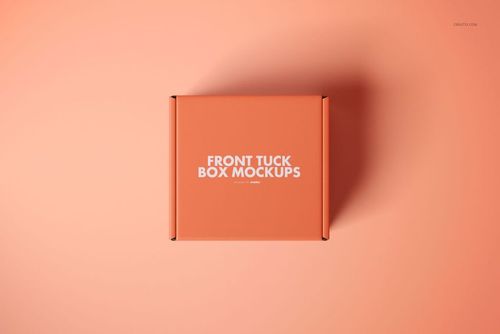 Front view of a square mailer box mockup in solid peach color on a matching peach background, lid closed.