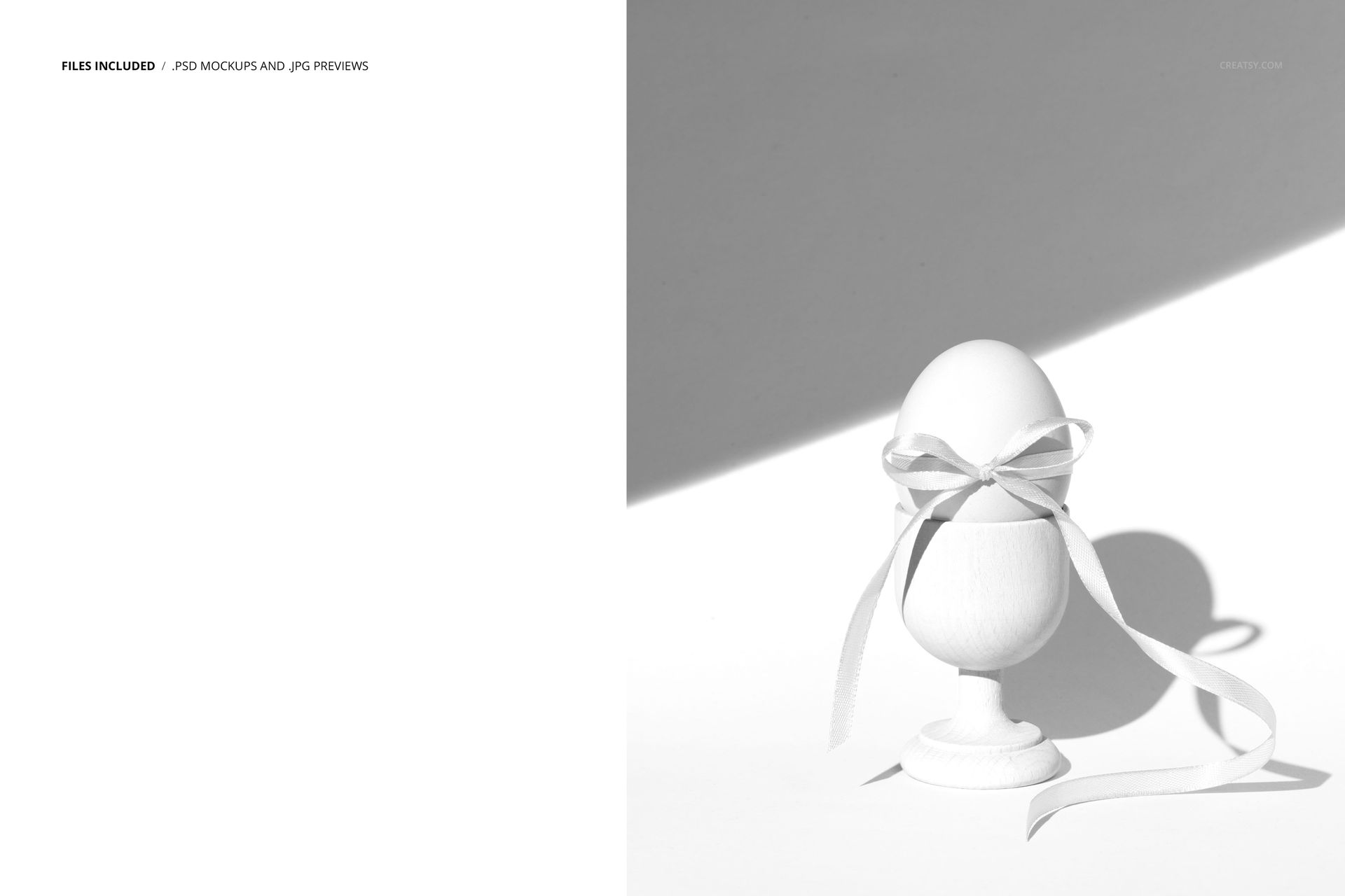 Front view of a white Easter egg cup mockup with a smooth egg and a tied ribbon, set against a shadowed background.