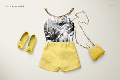 Baby summer set mockup featuring a sleeveless top with leaf pattern, yellow shorts, matching shoes, and a small purse on a light background.