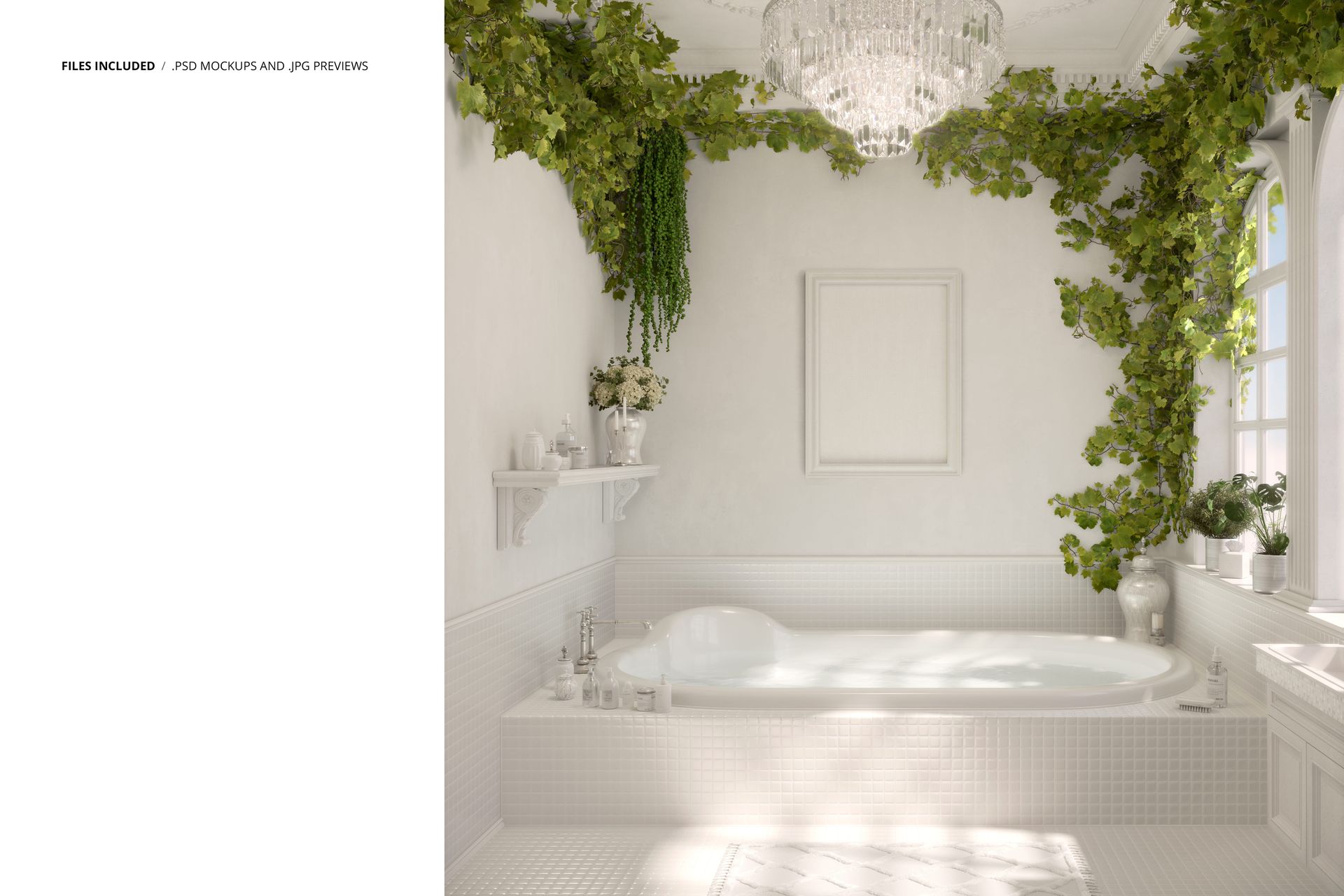 Front view of a Mediterranean bathroom mockup featuring a white bathtub, cascading green plants, and a crystal chandelier.