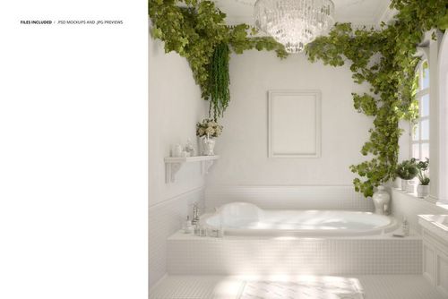 Front view of a Mediterranean bathroom mockup featuring a white bathtub, cascading green plants, and a crystal chandelier.