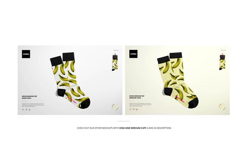 Front view of two pairs of socks with a yellow banana pattern, displayed on a light background in a mockup scene.