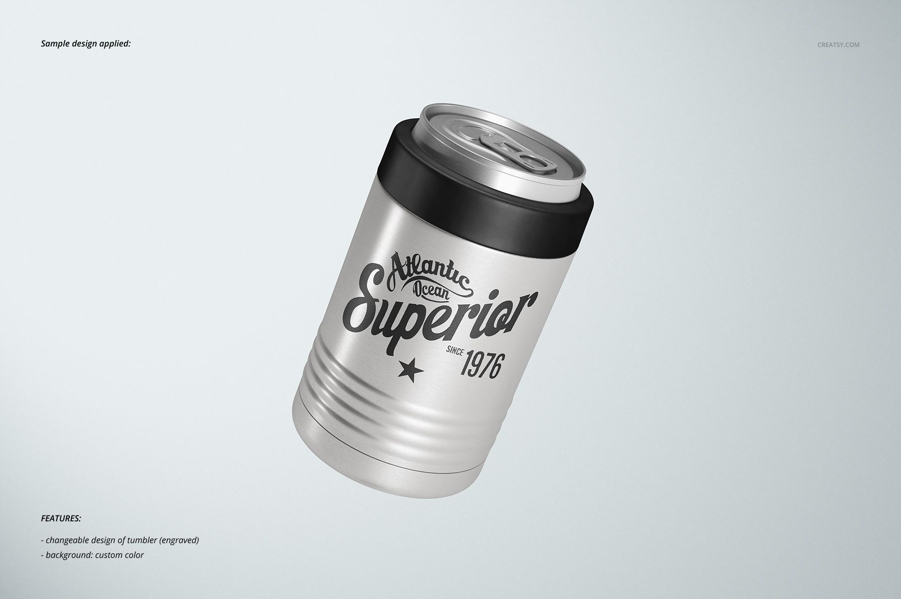 Silver can holder cooler mockup with black top, engraved design, and soft shadow, displayed against a pale backdrop.